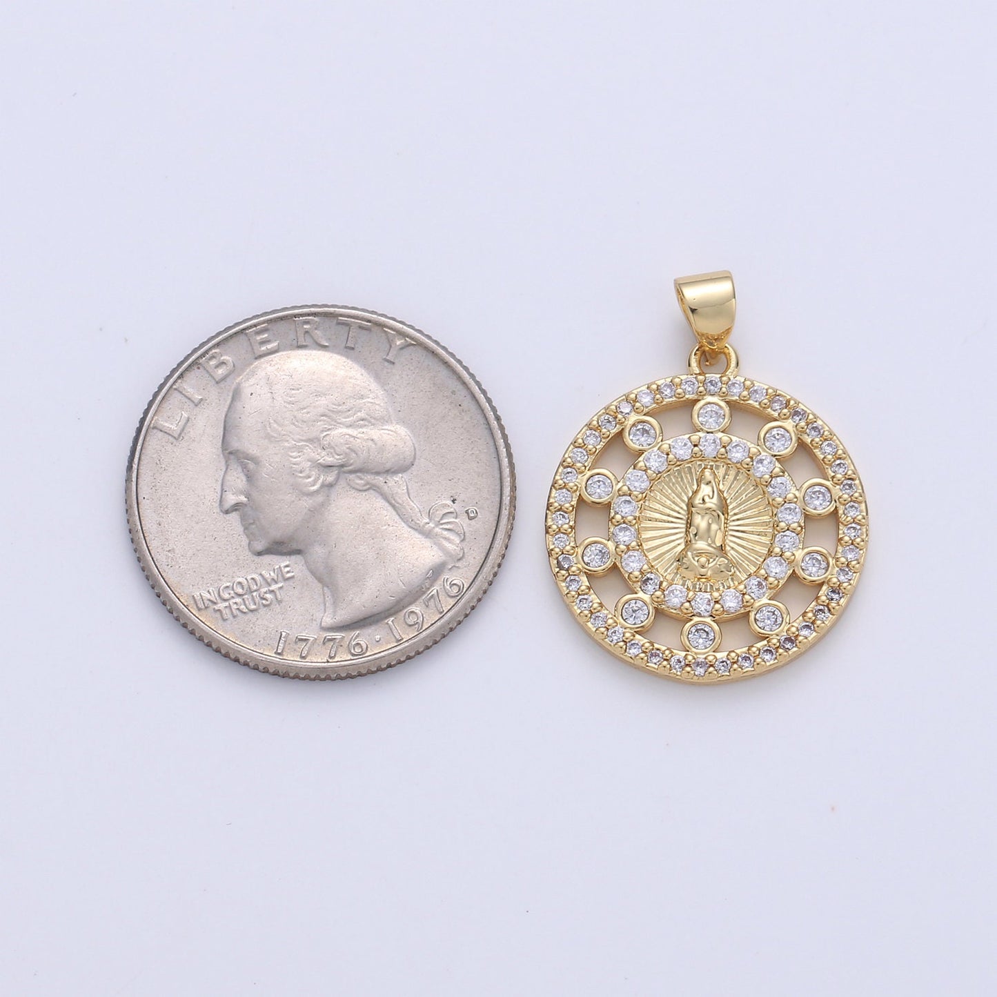 24k Gold CZ Virgin Mary Pendant, Lady Guadalupe Cubic Zirconia Charm, Mother of God Medallion, Rosary Charm for Necklace