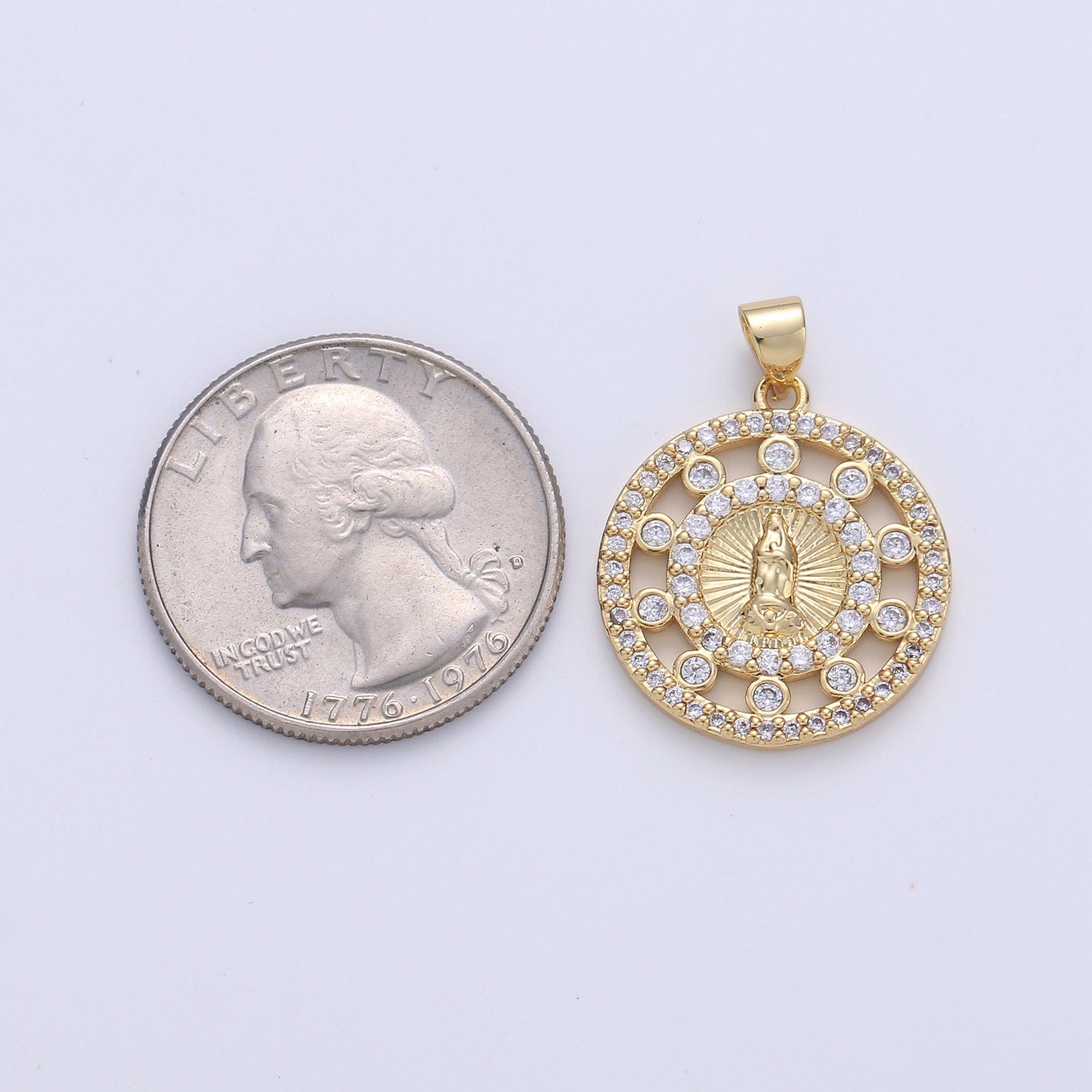 24k Gold CZ Virgin Mary Pendant, Lady Guadalupe Cubic Zirconia Charm, Mother of God Medallion, Rosary Charm for Necklace
