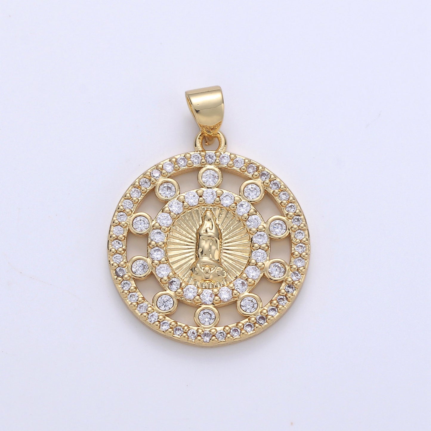 24k Gold CZ Virgin Mary Pendant, Lady Guadalupe Cubic Zirconia Charm, Mother of God Medallion, Rosary Charm for Necklace