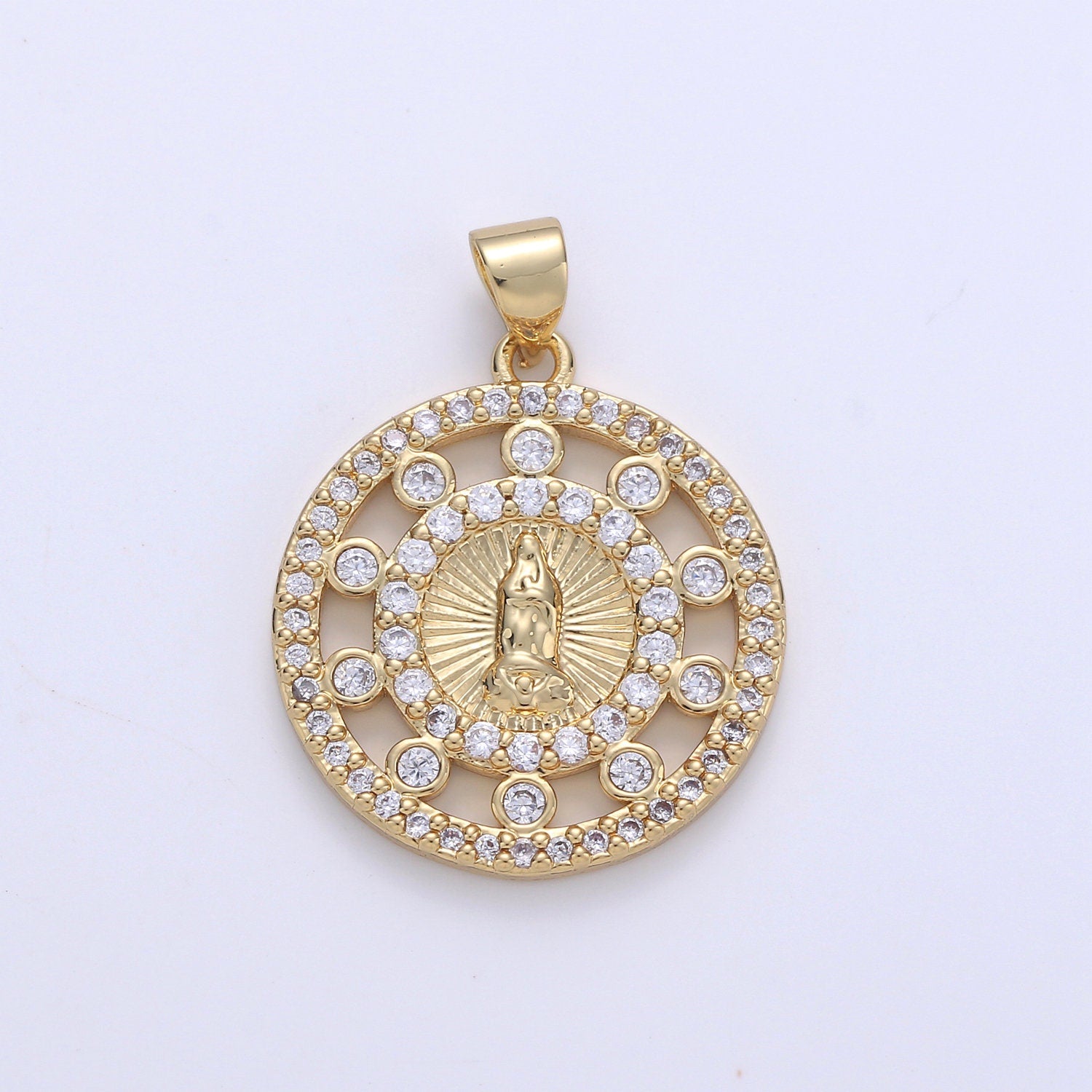 24k Gold CZ Virgin Mary Pendant, Lady Guadalupe Cubic Zirconia Charm, Mother of God Medallion, Rosary Charm for Necklace