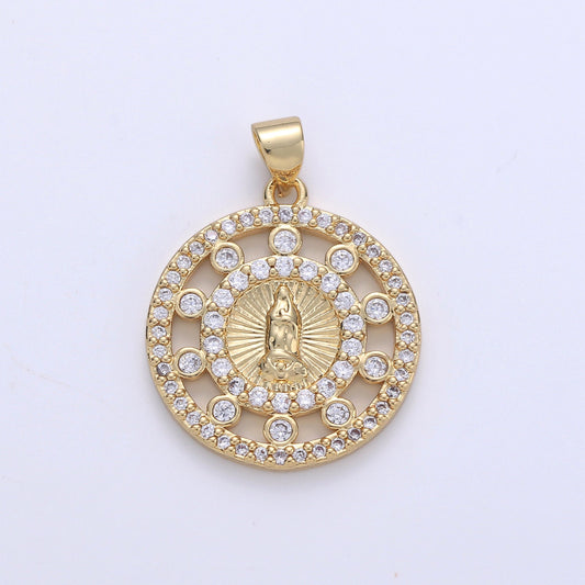 24k Gold CZ Virgin Mary Pendant, Lady Guadalupe Cubic Zirconia Charm, Mother of God Medallion, Rosary Charm for Necklace