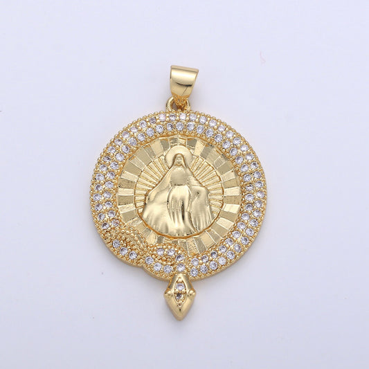 24K Gold Filled Miraculous Lady Virgin Mary Round Circle Delicate Micro Pave Charm Necklace for Religious Jewelry Pendant