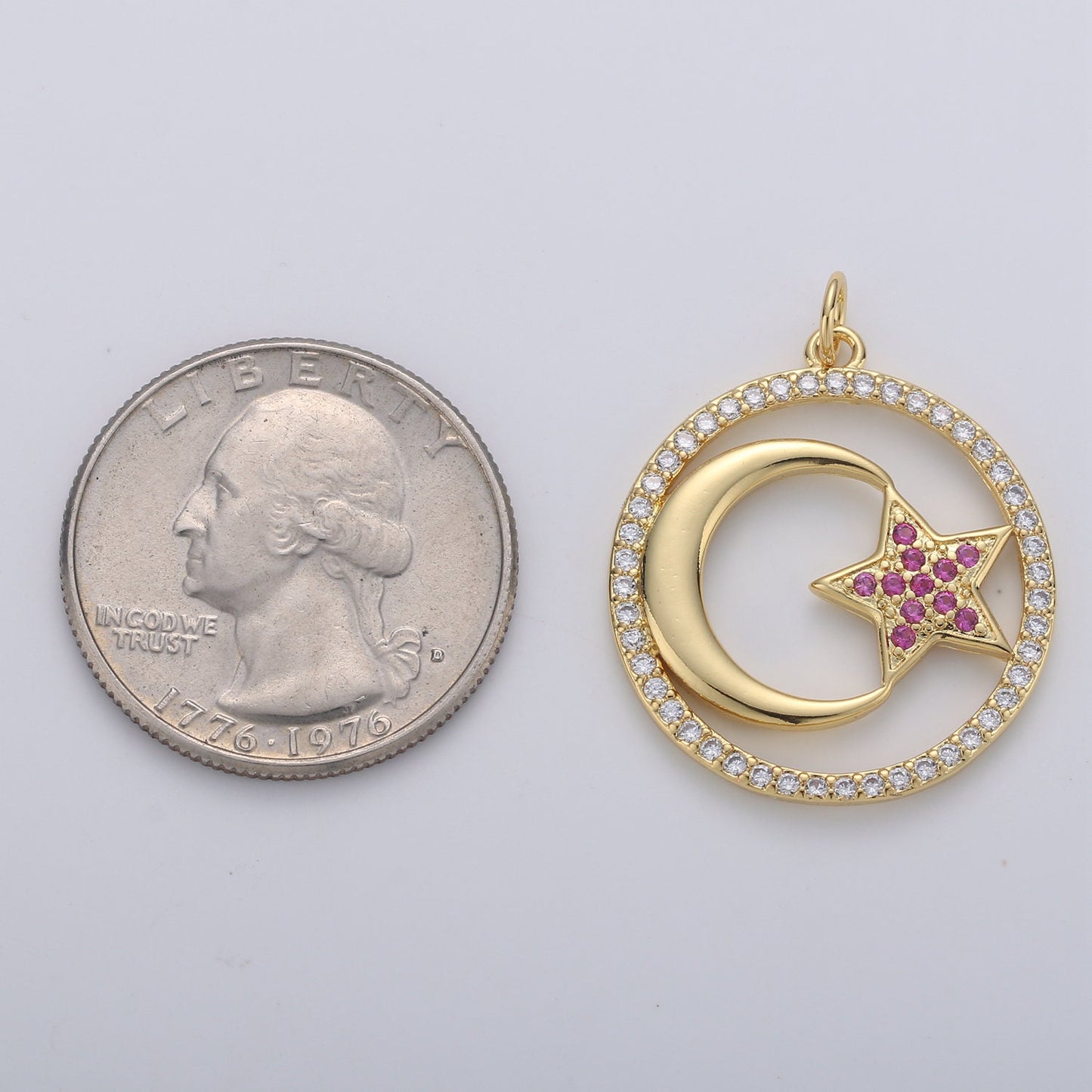 1pc 24k Gold Micro Pave Moon Charm, Cubic Zirconia Moon Pendant Charm Pink Star Charm Charm, For DIY Jewelry