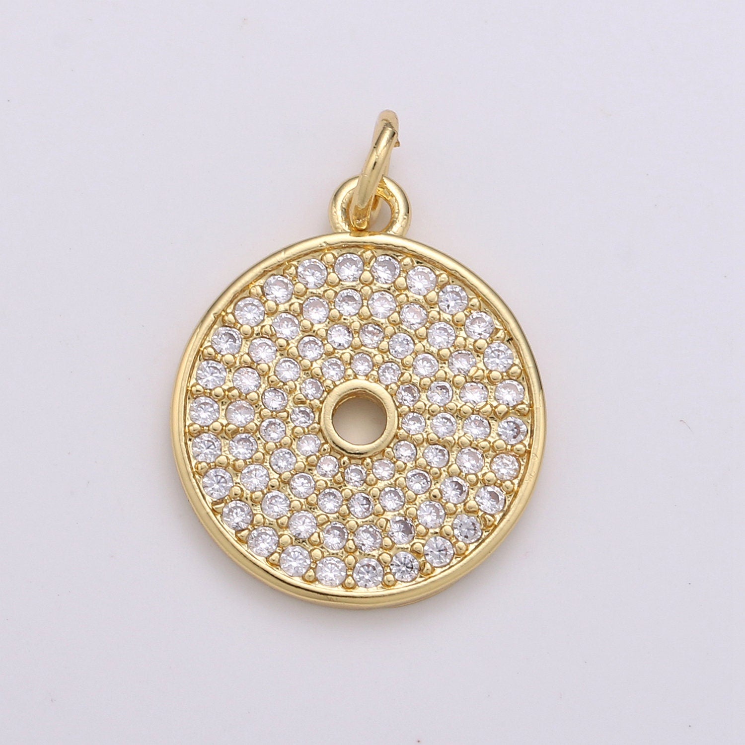 CZ Clear Micro Pave Coin Charm, Round Disc Pave Charm, Gold Micro Pave Dangle Charms for Necklace Bracelet Earring Supply | D-352