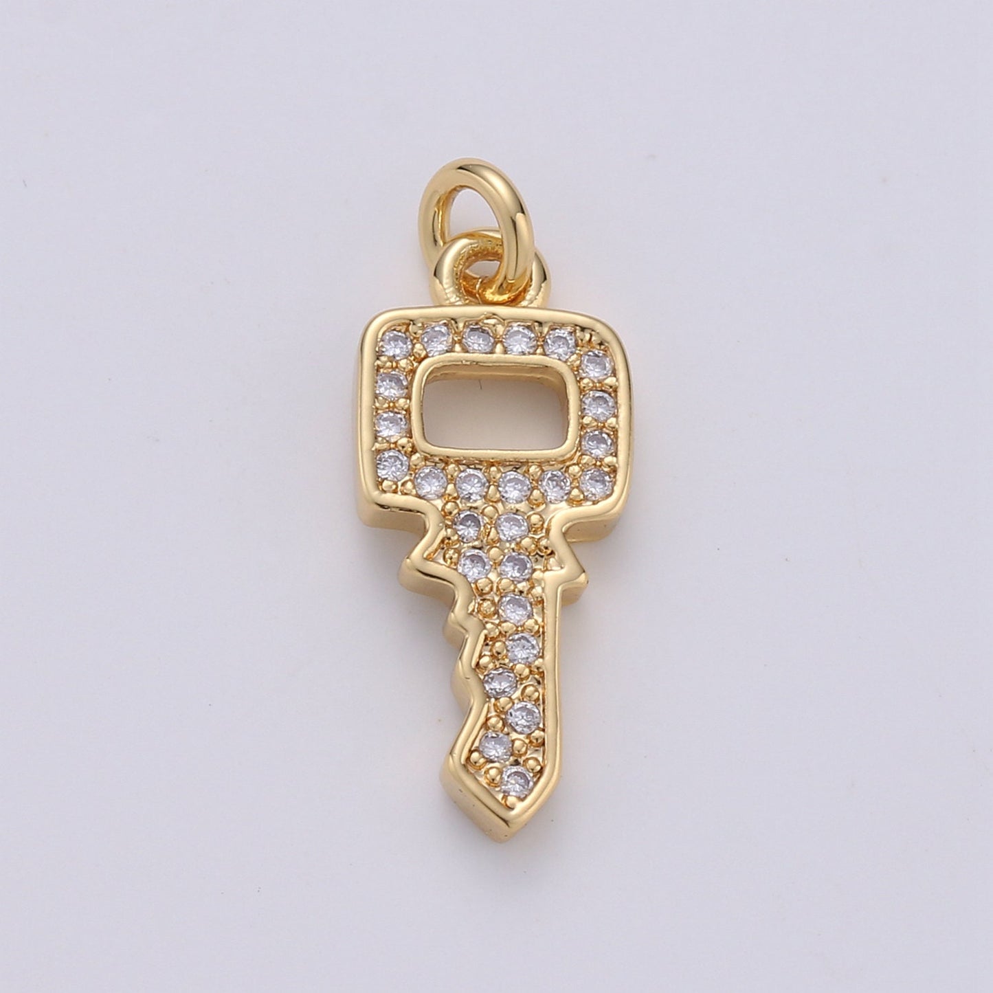 Dainty Key charm with Clear cz• 20x7mm • 24k Gold • Sparkly Cubic Zirconia Car Key Charm • Silver Charm for Necklace Bracelet Earring, 1398