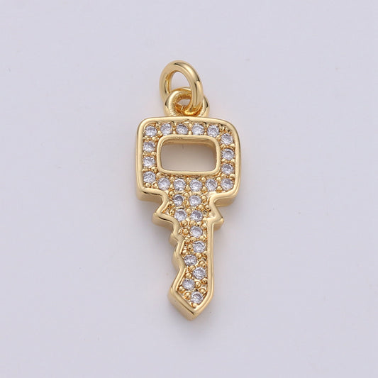Dainty Key charm with Clear cz• 20x7mm • 24k Gold • Sparkly Cubic Zirconia Car Key Charm • Silver Charm for Necklace Bracelet Earring, 1398