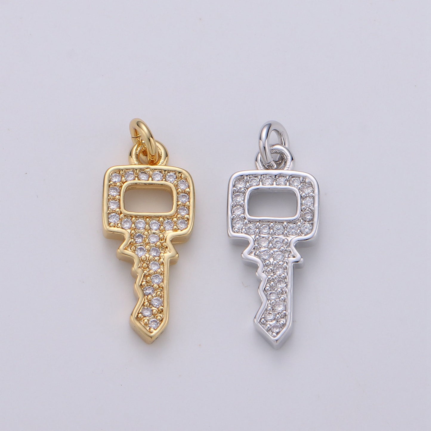 Dainty Key charm with Clear cz• 20x7mm • 24k Gold • Sparkly Cubic Zirconia Car Key Charm • Silver Charm for Necklace Bracelet Earring, 1398