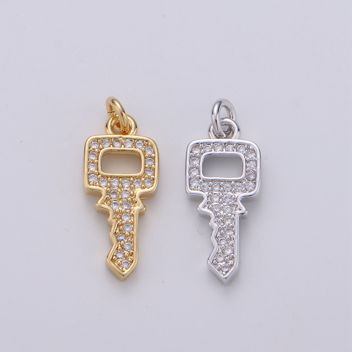 Dainty Key charm with Clear cz• 20x7mm • 24k Gold • Sparkly Cubic Zirconia Car Key Charm • Silver Charm for Necklace Bracelet Earring, 1398