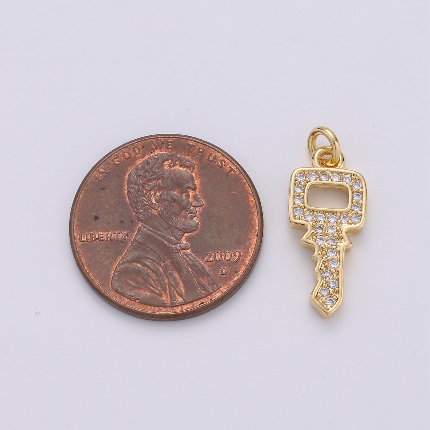 Dainty Key charm with Clear cz• 20x7mm • 24k Gold • Sparkly Cubic Zirconia Car Key Charm • Silver Charm for Necklace Bracelet Earring, 1398