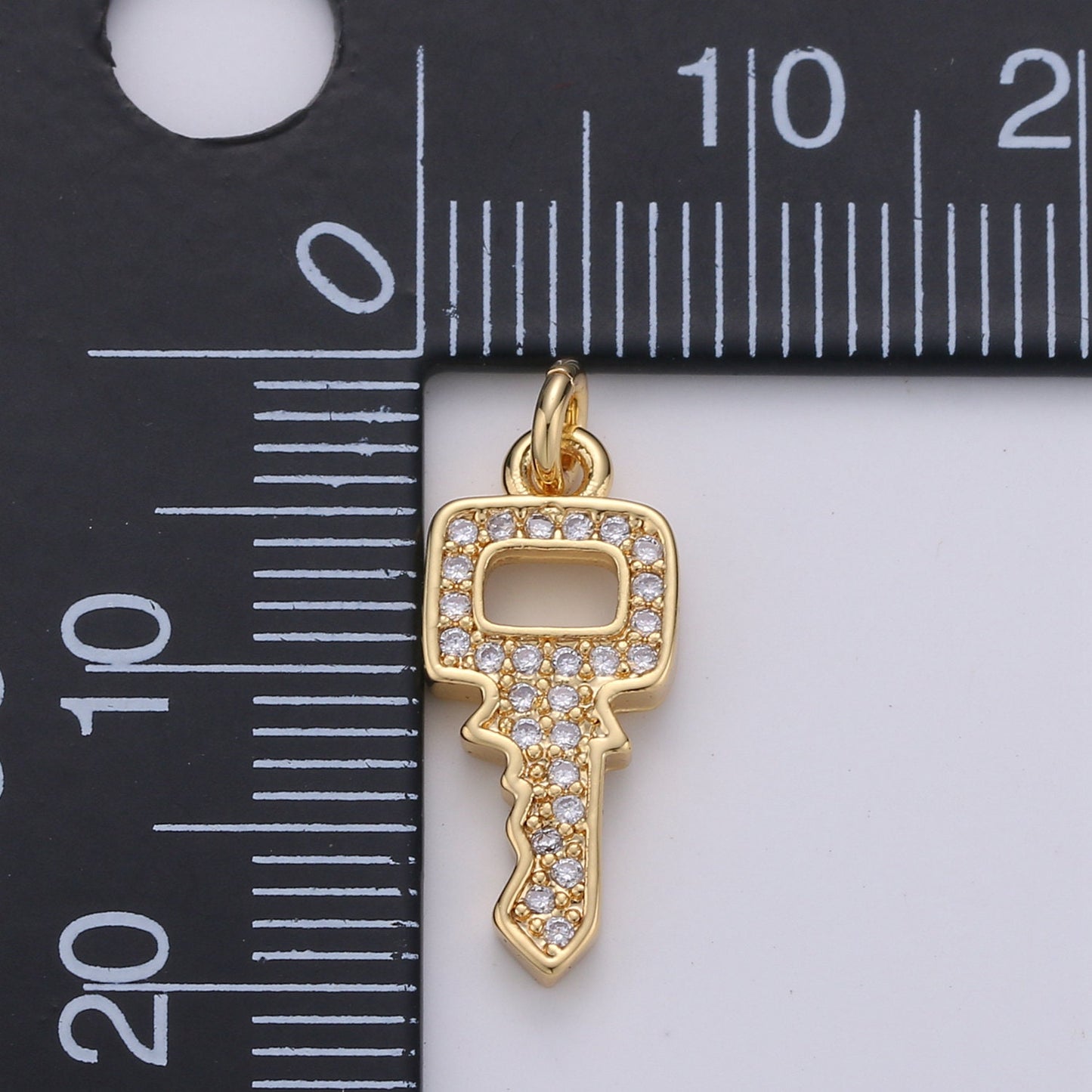 Dainty Key charm with Clear cz• 20x7mm • 24k Gold • Sparkly Cubic Zirconia Car Key Charm • Silver Charm for Necklace Bracelet Earring, 1398