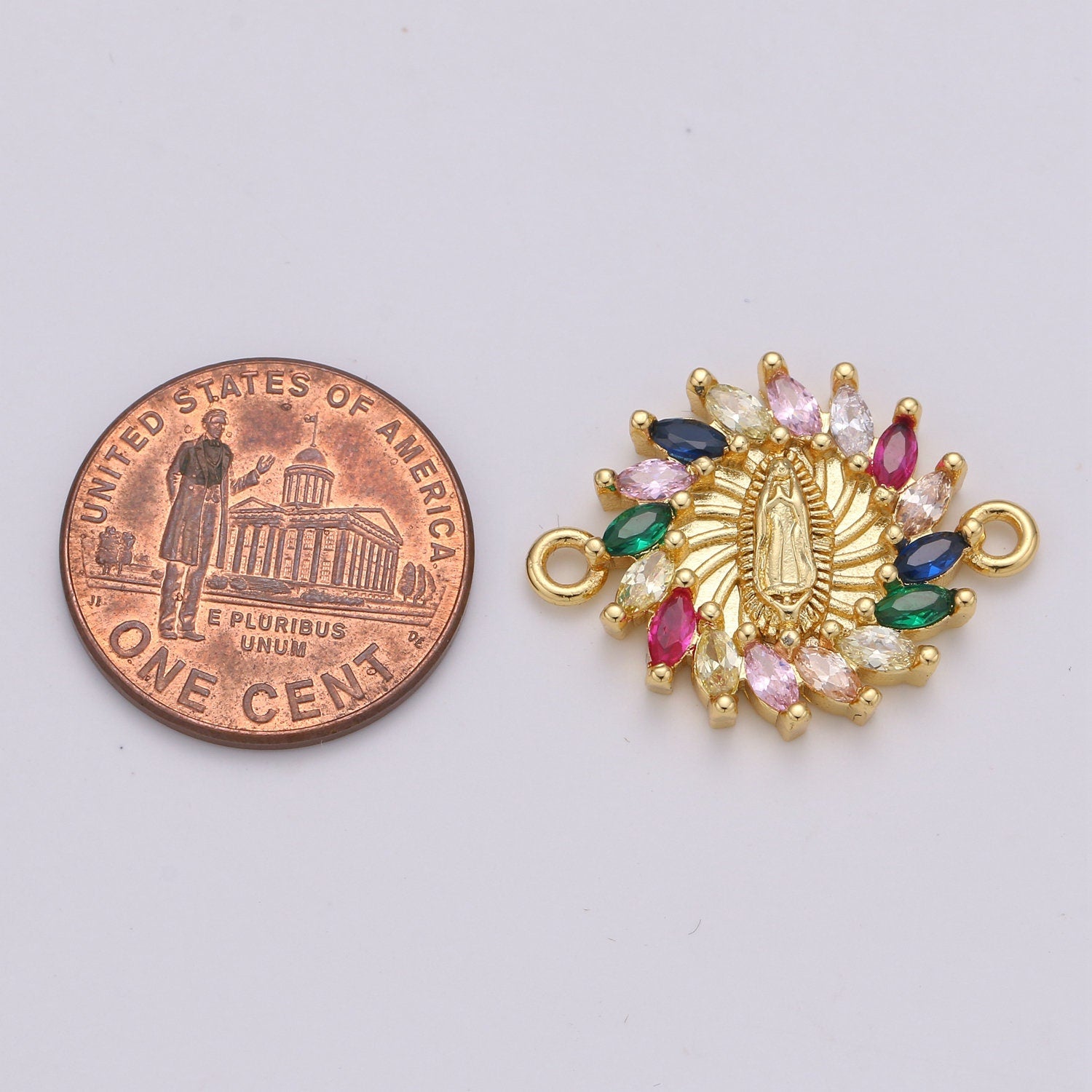 Rainbow CZ paved Gold Virgin Mother Mary Connectors, Catholic Baptism Lady Guadalupe Charm, Medallion Religious Jewelry Craft Supply