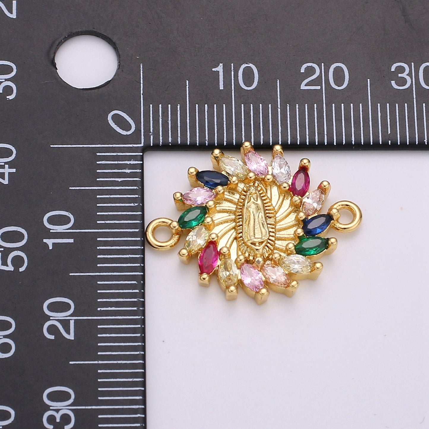 Rainbow CZ paved Gold Virgin Mother Mary Connectors, Catholic Baptism Lady Guadalupe Charm, Medallion Religious Jewelry Craft Supply