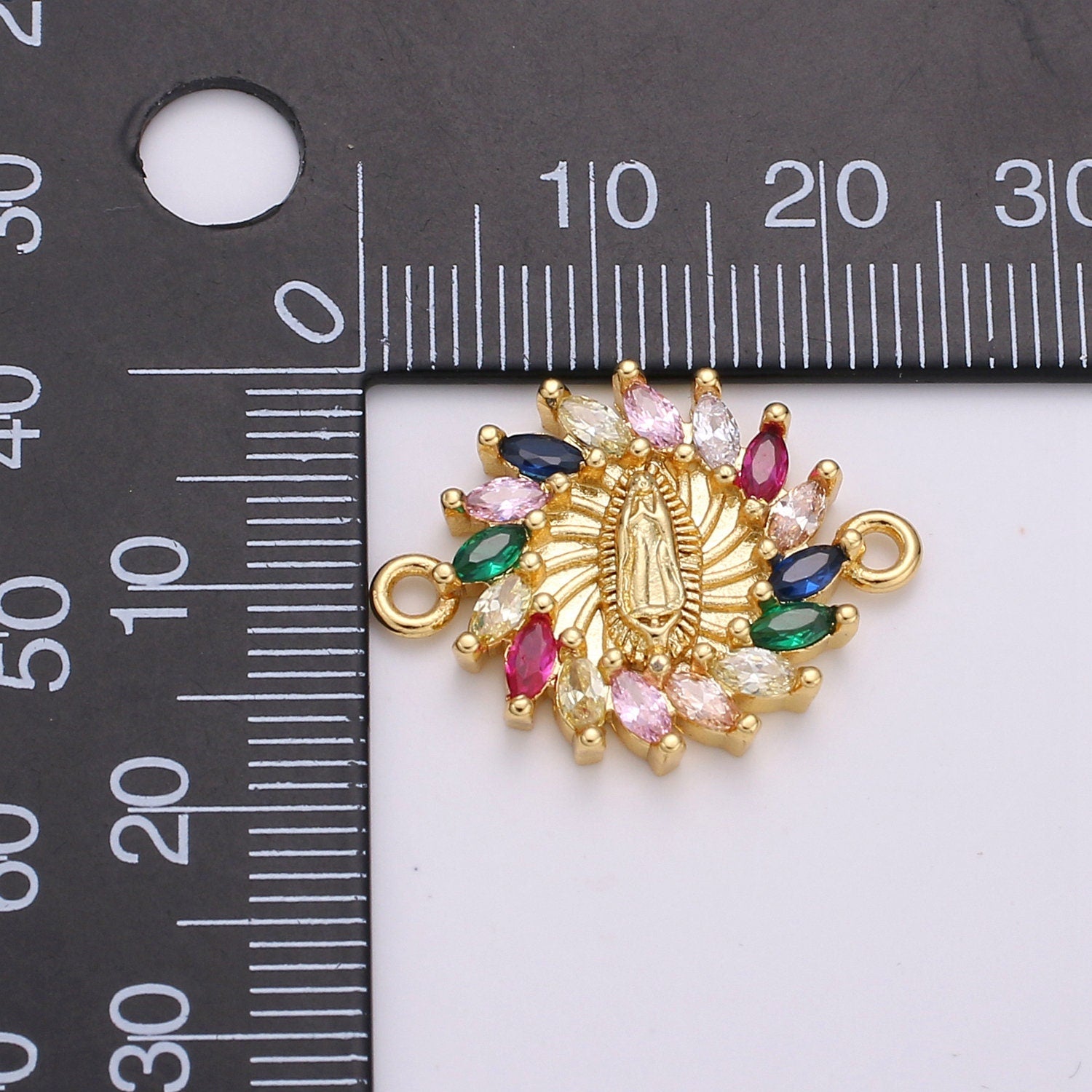 Rainbow CZ paved Gold Virgin Mother Mary Connectors, Catholic Baptism Lady Guadalupe Charm, Medallion Religious Jewelry Craft Supply