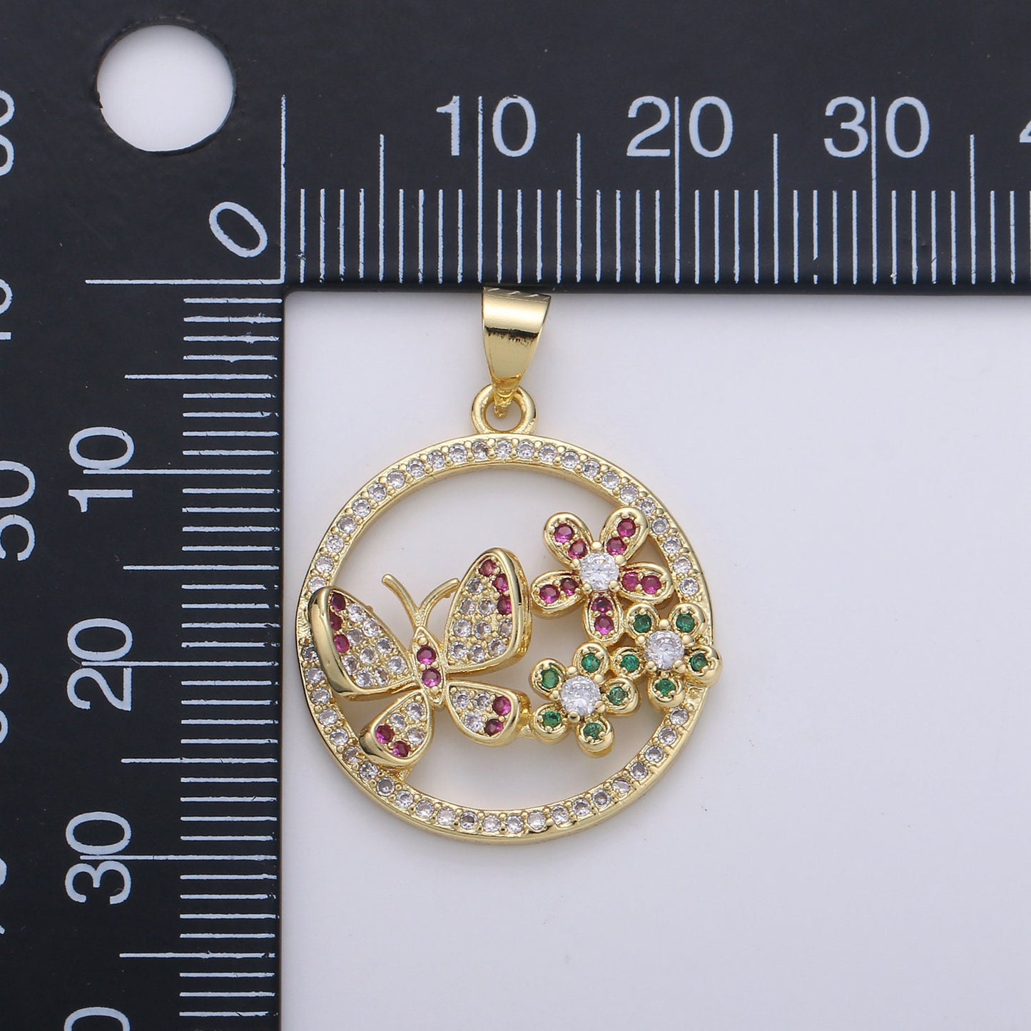 Dainty 24k Gold Micro Pave Butterfly Charm, Cubic Zirconia Round Circle Pendant Charm, Charm, For DIY Jewelry