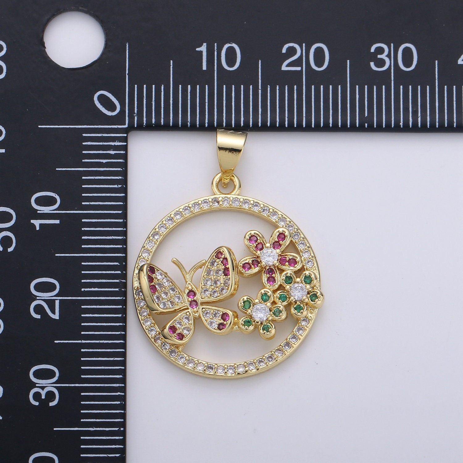 Dainty 24k Gold Micro Pave Butterfly Charm, Cubic Zirconia Round Circle Pendant Charm, Charm, For DIY Jewelry