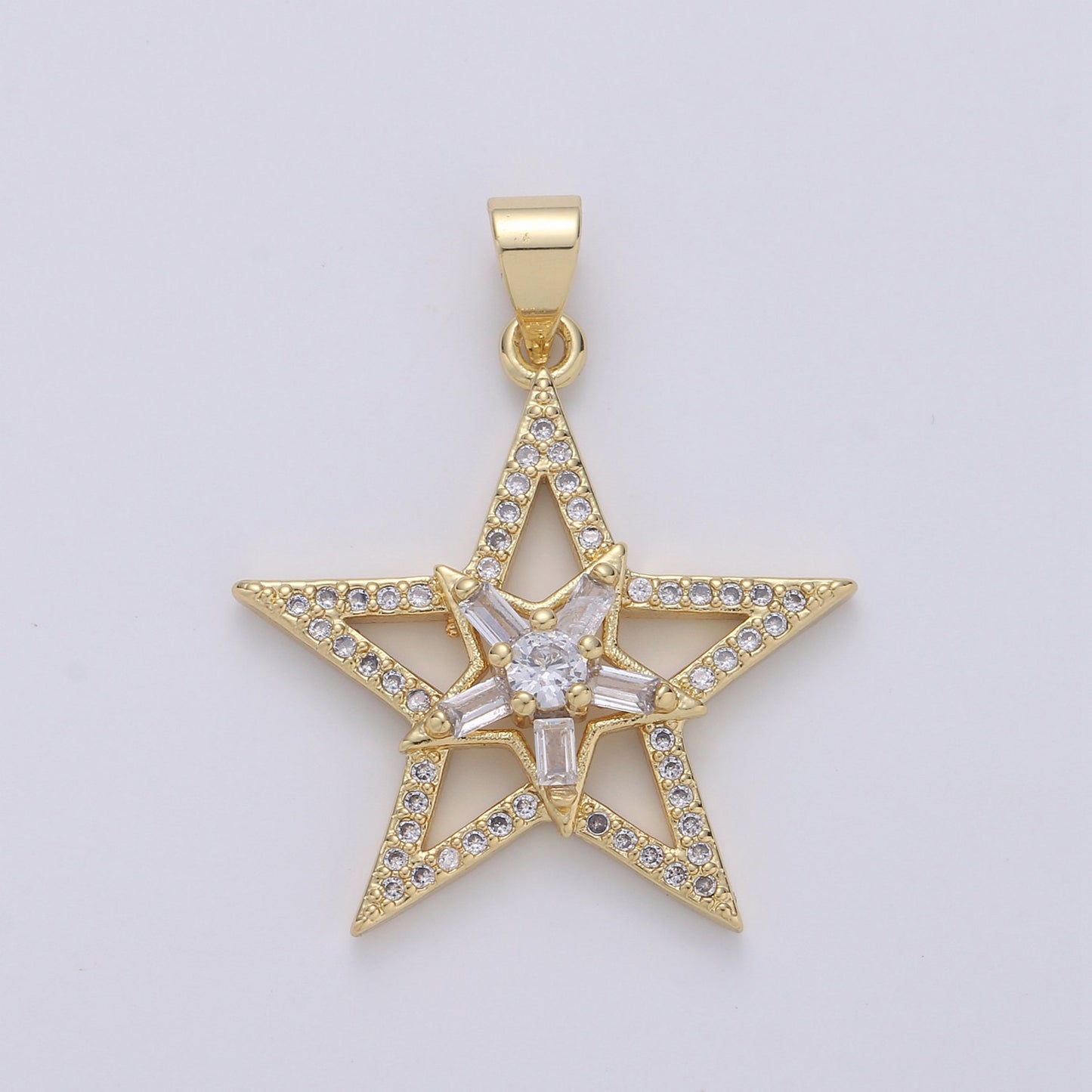 Gold Star Pendant With Baguette Stone, Five Star Charms, Women Necklaces, Star Jewelry, Celestial Jewelry for DIY Necklace 24K Gold