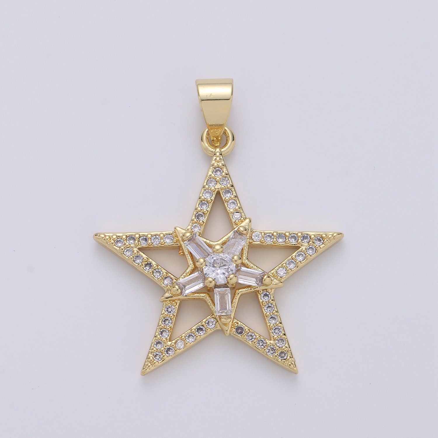 Gold Star Pendant With Baguette Stone, Five Star Charms, Women Necklaces, Star Jewelry, Celestial Jewelry for DIY Necklace 24K Gold