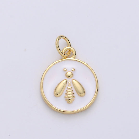 1x Gold Enamel Bee Charms, White Enamel Bee, Gold Cubic Bee charm in Round DIsc Charm Medallion for Necklace Dainty Bumbell bee charm.1576