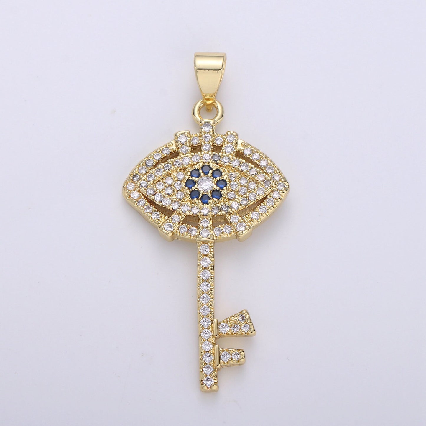 24k Gold Evil Eye Pendant Micro Pave Evil Eye Charms, Gold Key Pendant Cubic Key Charm for Necklace