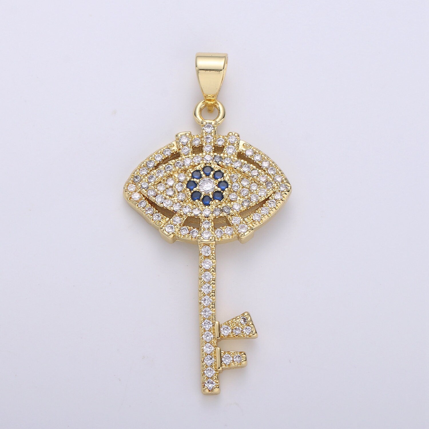 24k Gold Evil Eye Pendant Micro Pave Evil Eye Charms, Gold Key Pendant Cubic Key Charm for Necklace
