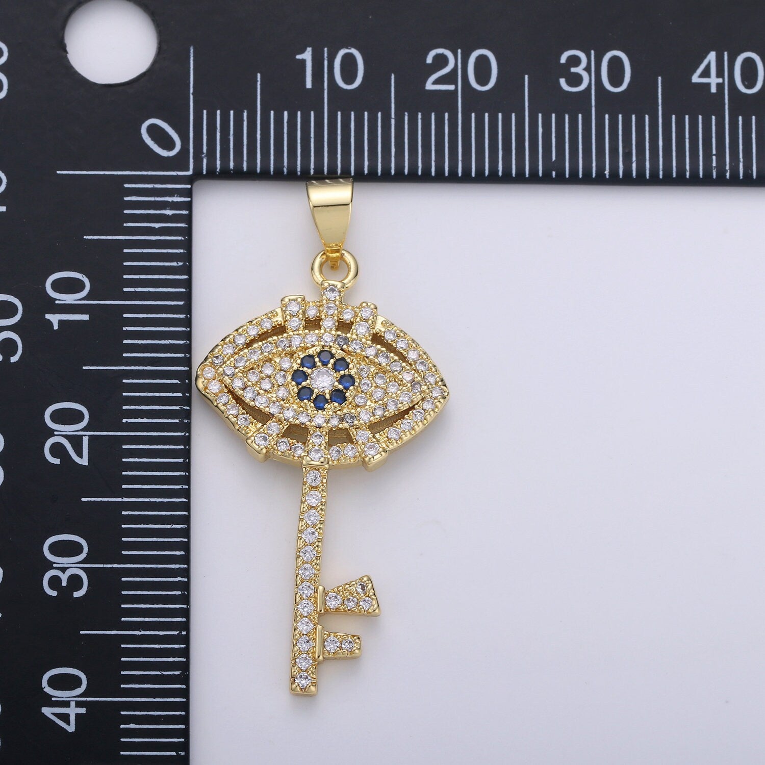 24k Gold Evil Eye Pendant Micro Pave Evil Eye Charms, Gold Key Pendant Cubic Key Charm for Necklace