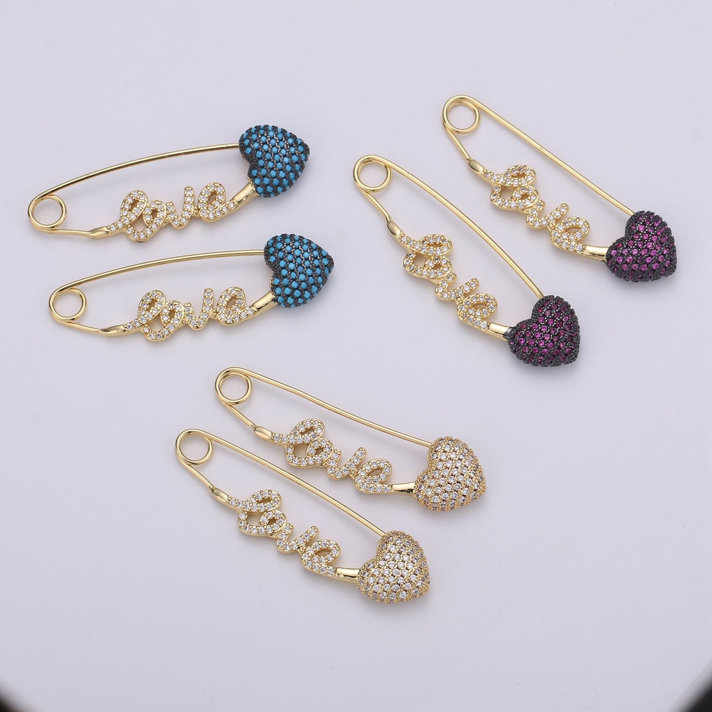 1x Bridal pins Clear Purple Teal bride safety pin wedding gift, Love pin, bridal brooch pin, 24k gold brooch Micro Pave Charm