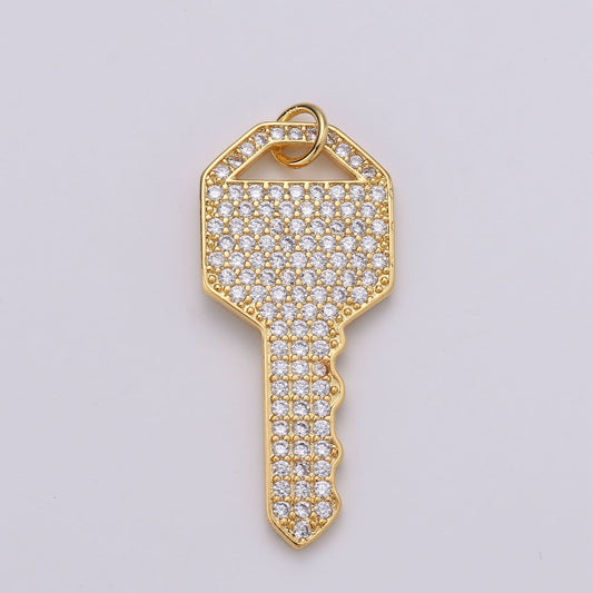 Gold Key CZ Micro Pave Charm Pendant, Key Charm, Key Pendant, Key Necklace, Charm Bracelet, Cubic Zirconia, Charm, 34x15mm, CHGF-1368