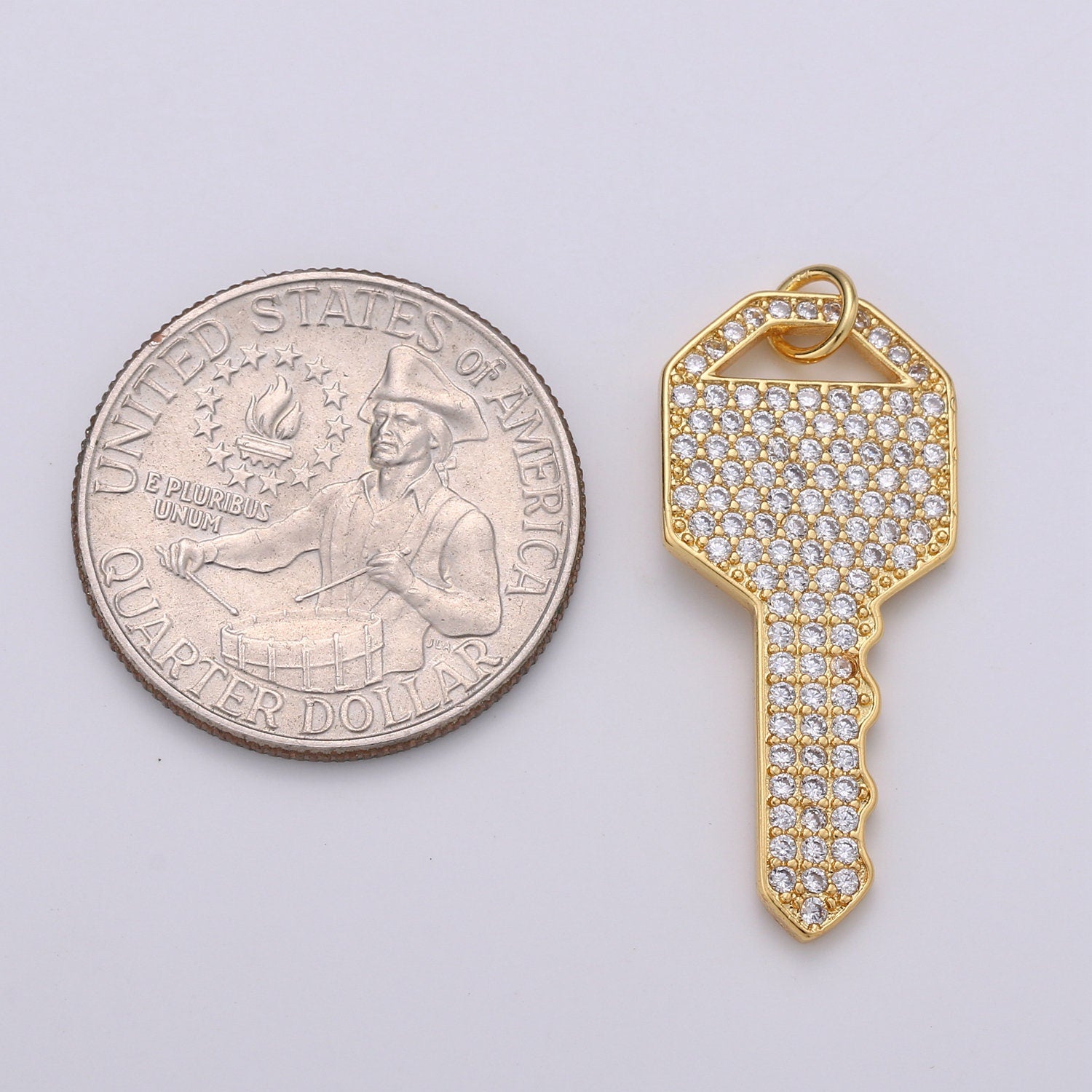 Gold Key CZ Micro Pave Charm Pendant, Key Charm, Key Pendant, Key Necklace, Charm Bracelet, Cubic Zirconia, Charm, 34x15mm, CHGF-1368