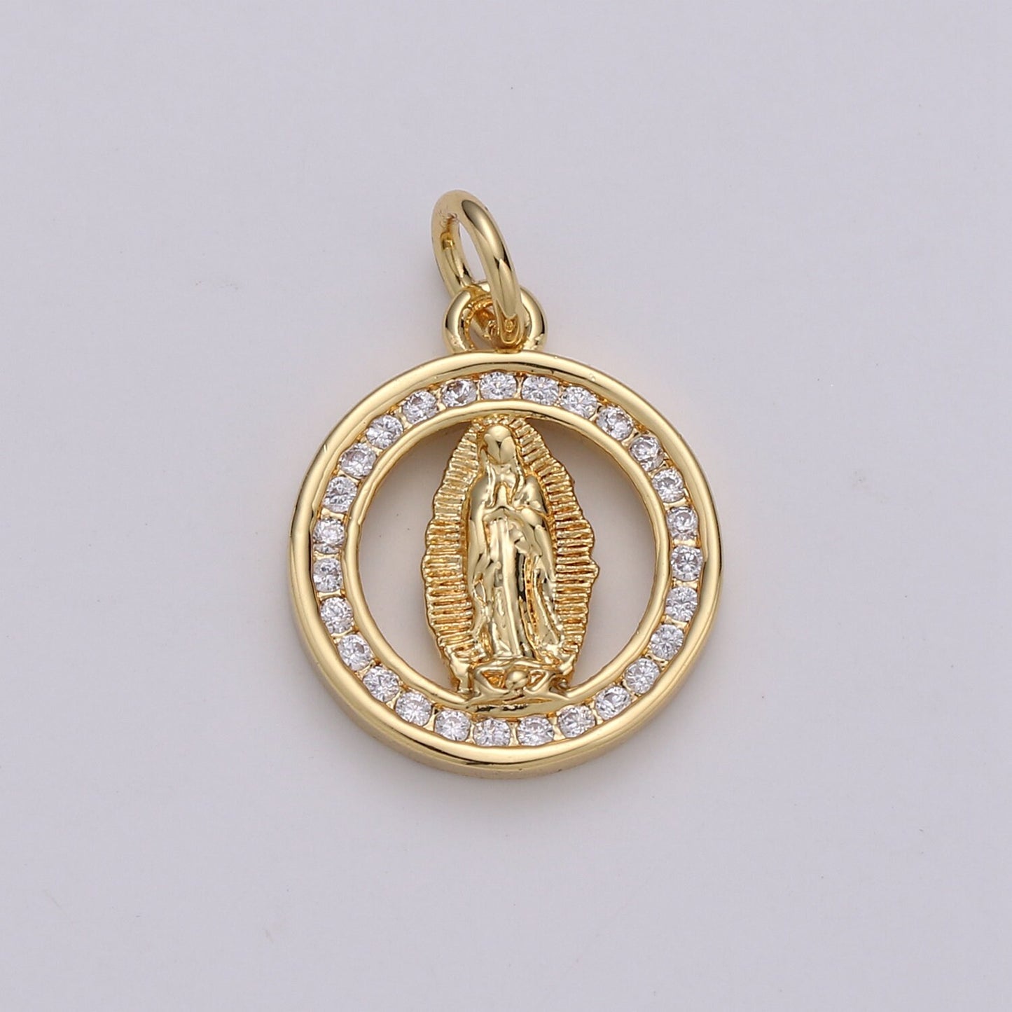 24k Gold CZ Virgin Mary Pendant, Lady Guadalupe Cubic Zirconia Charm, Mother of God Medallion, Rosary Charm for Necklace