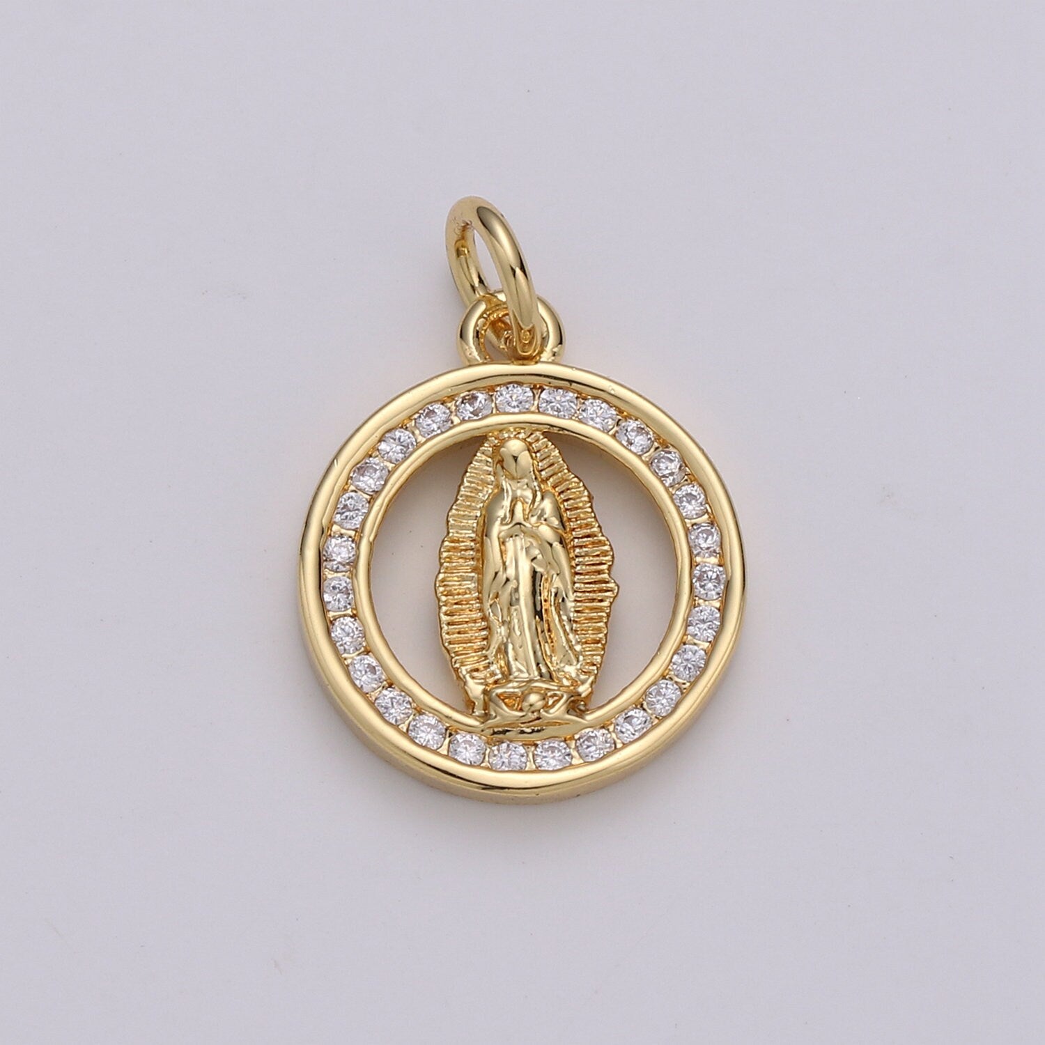 24k Gold CZ Virgin Mary Pendant, Lady Guadalupe Cubic Zirconia Charm, Mother of God Medallion, Rosary Charm for Necklace