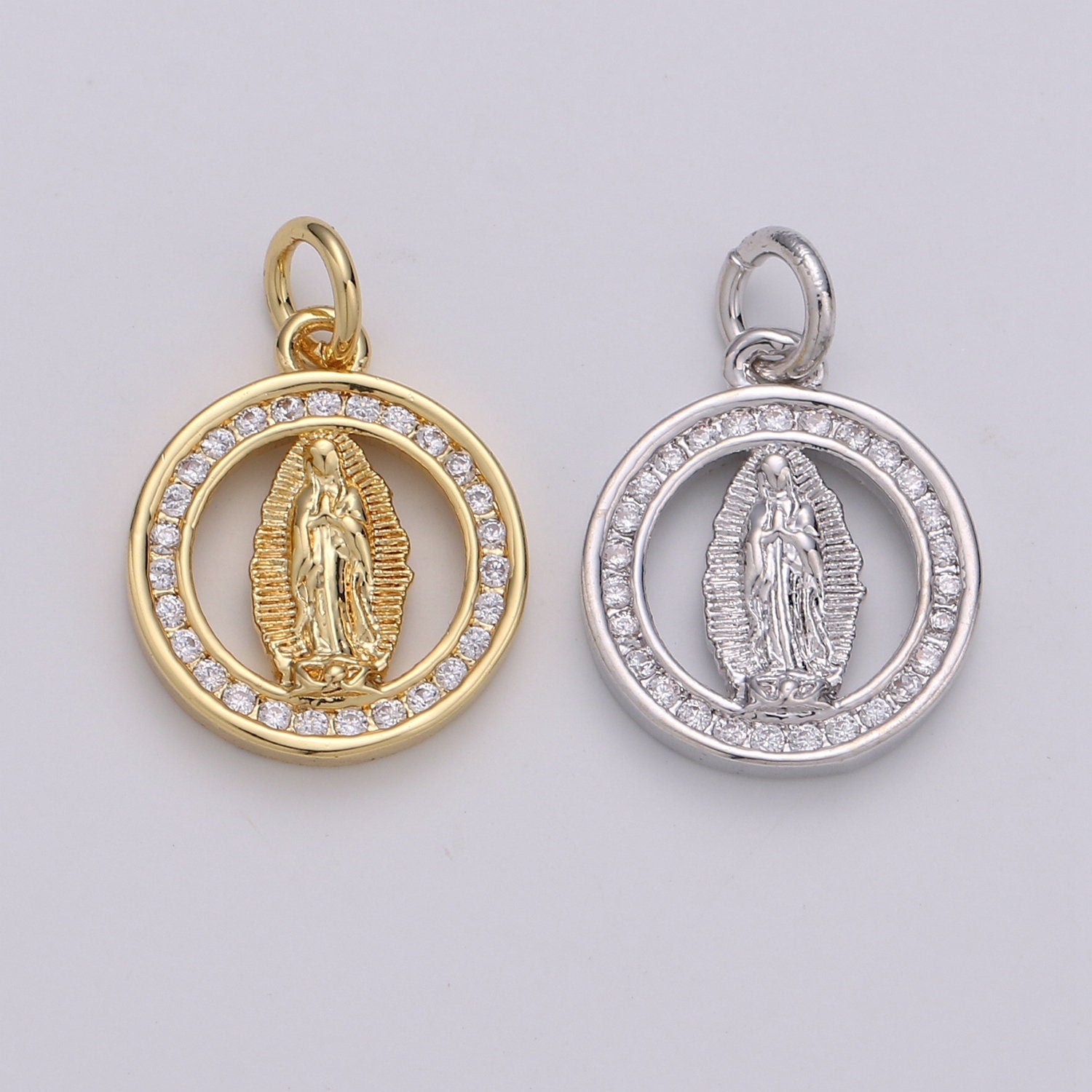 24k Gold CZ Virgin Mary Pendant, Lady Guadalupe Cubic Zirconia Charm, Mother of God Medallion, Rosary Charm for Necklace