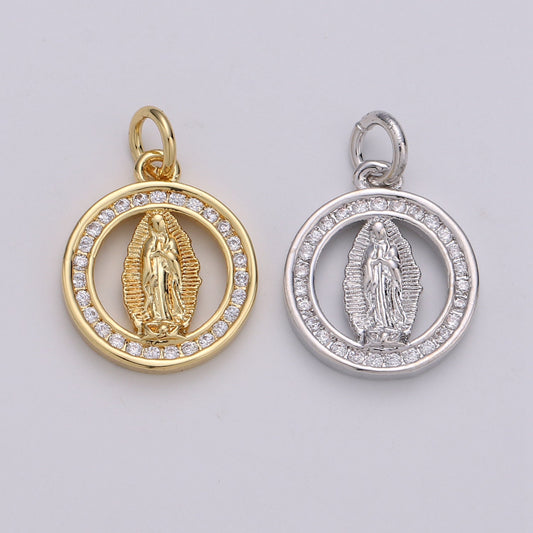 24k Gold CZ Virgin Mary Pendant, Lady Guadalupe Cubic Zirconia Charm, Mother of God Medallion, Rosary Charm for Necklace