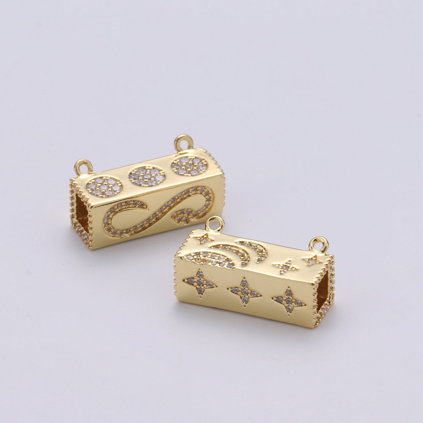 1x Gold Cresent Moon On Cuboid Shape Charms, Gold Star Pendant, Cube Necklace Charms with Double Bail / Dangle Charm