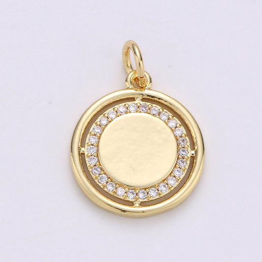 Gold Round Circle Charm Medallion Coin Round Geometric Charm for Minimalist Jewelry Necklace, ch-1670