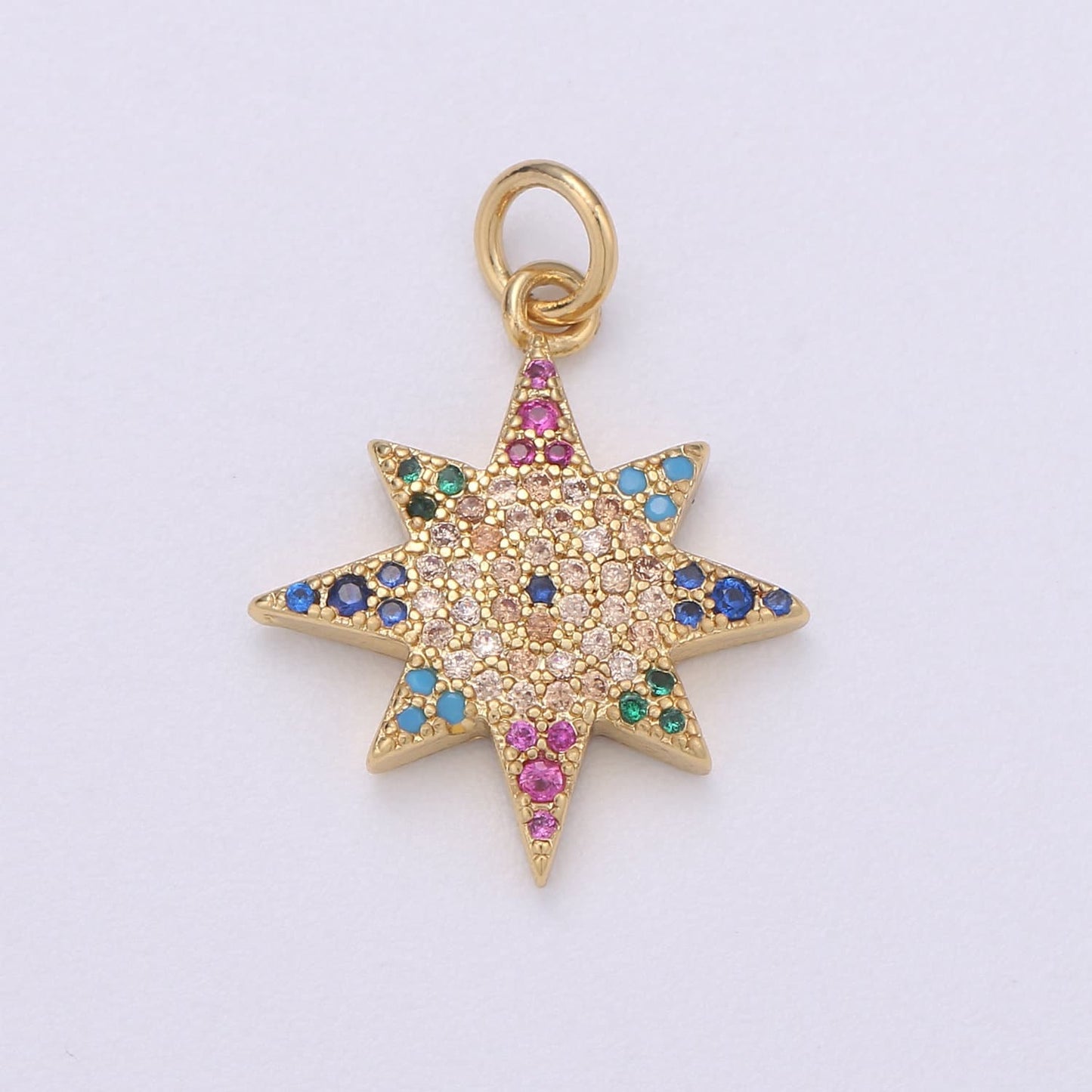 14k Gold Star Charm Micro Pave StarBurst Charm, Rainbow Cubic Charms, CZ Gold Celestial Charm, Dainty Minimalist Jewelry Supply