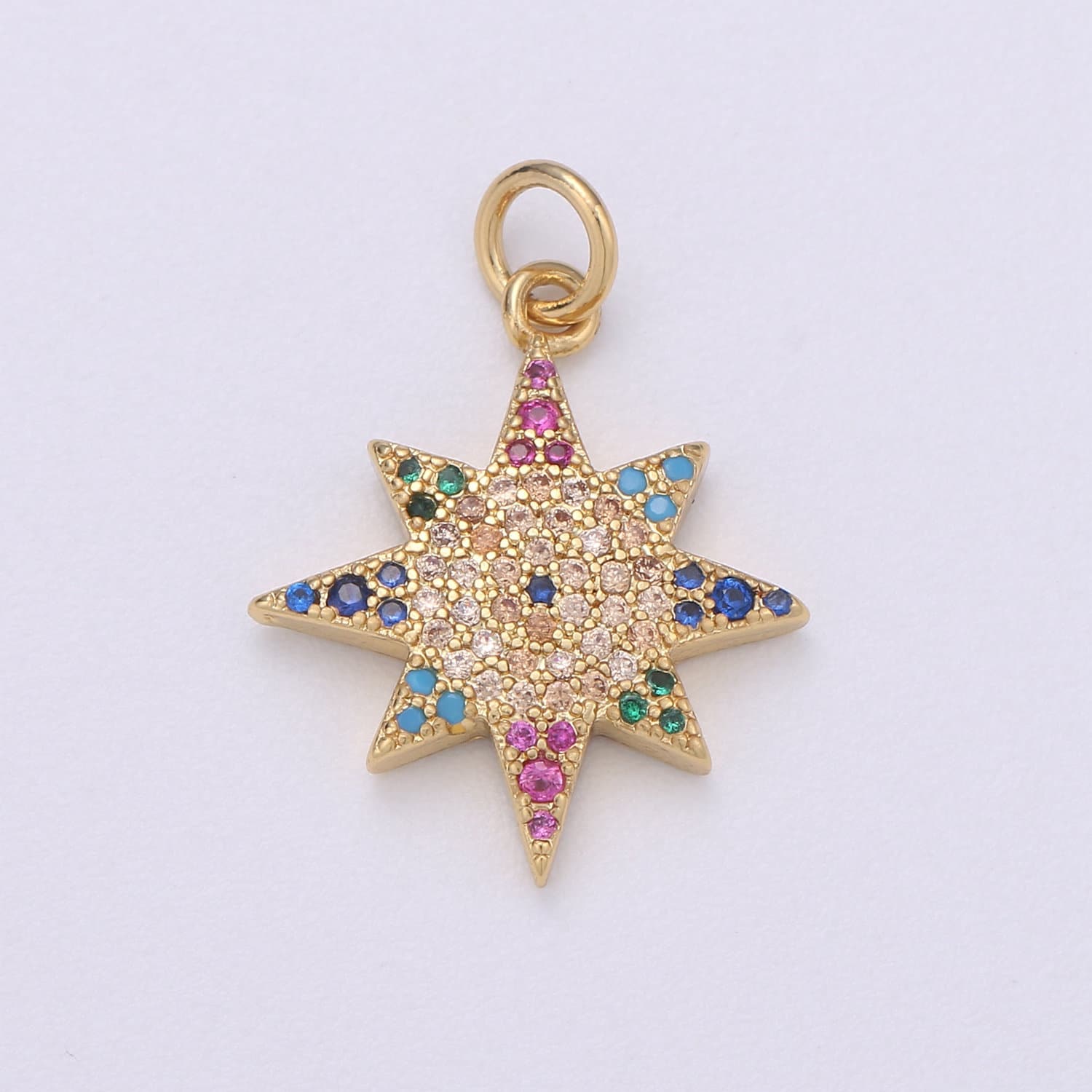 14k Gold Star Charm Micro Pave StarBurst Charm, Rainbow Cubic Charms, CZ Gold Celestial Charm, Dainty Minimalist Jewelry Supply
