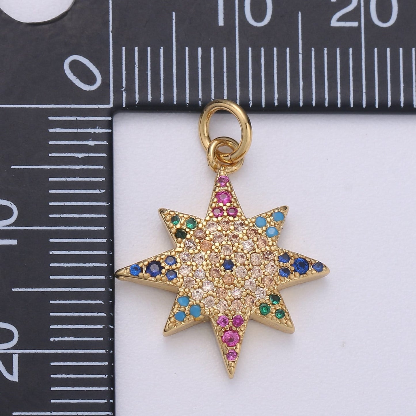 14k Gold Star Charm Micro Pave StarBurst Charm, Rainbow Cubic Charms, CZ Gold Celestial Charm, Dainty Minimalist Jewelry Supply