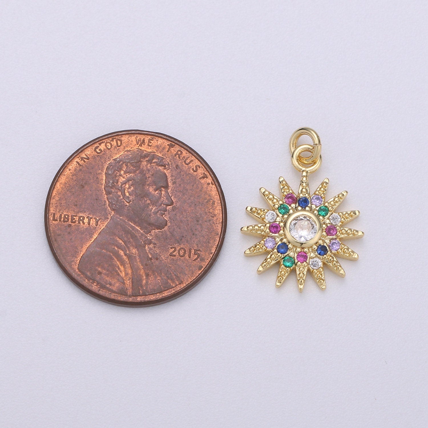 14k Gold Sun Charm Micro Pave Sun Burst Charm, Rainbow Cubic Charms, CZ Gold Celestial Charm, Dainty Minimalist Jewelry Supply