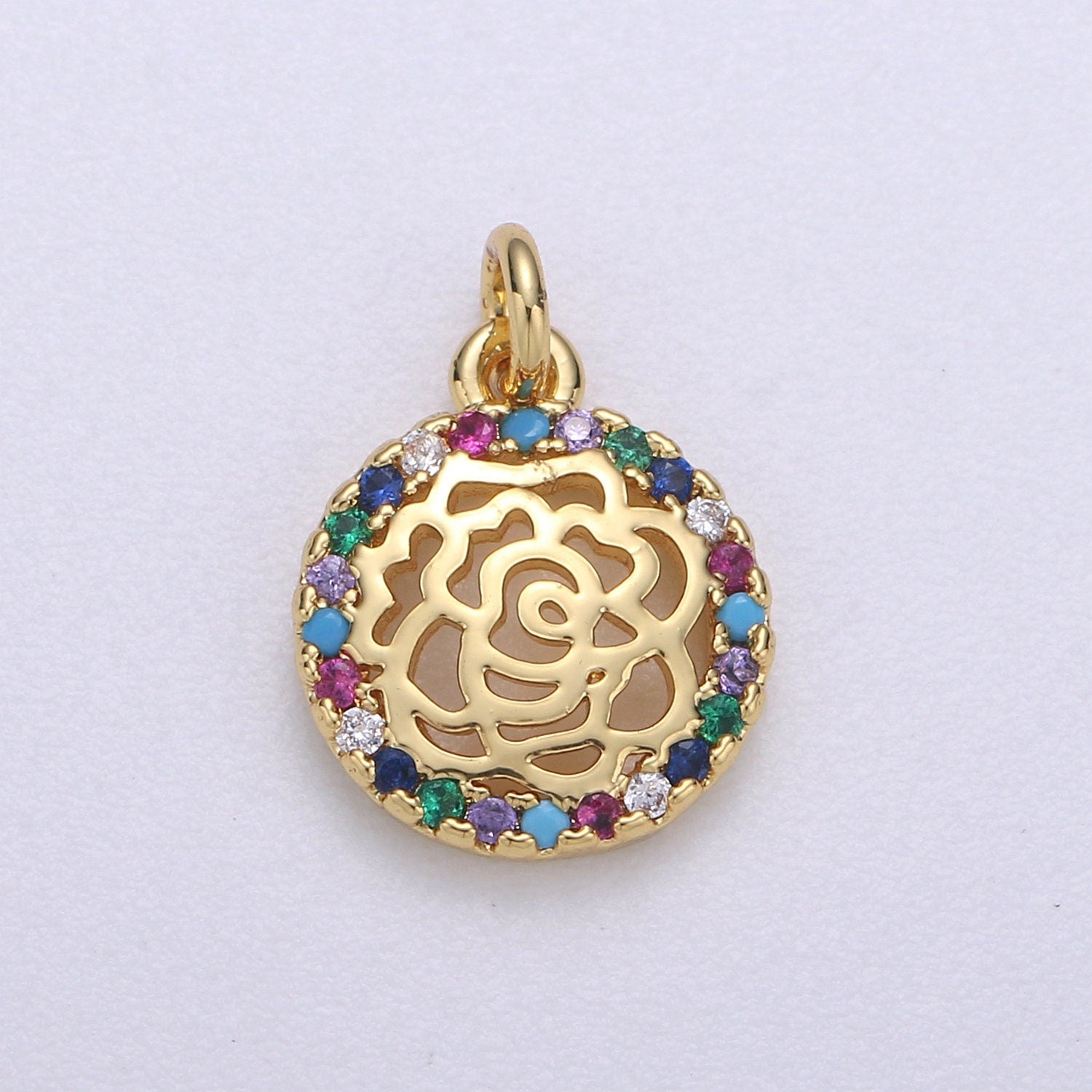 1 Pc Gold Rose Charm Micro Pave Flower Charm, Rainbow Cubic Charms, CZ Gold Colorful Floral Charm, Dainty Minimalist Jewelry Supply -611