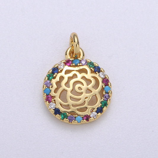1 Pc Gold Rose Charm Micro Pave Flower Charm, Rainbow Cubic Charms, CZ Gold Colorful Floral Charm, Dainty Minimalist Jewelry Supply -611