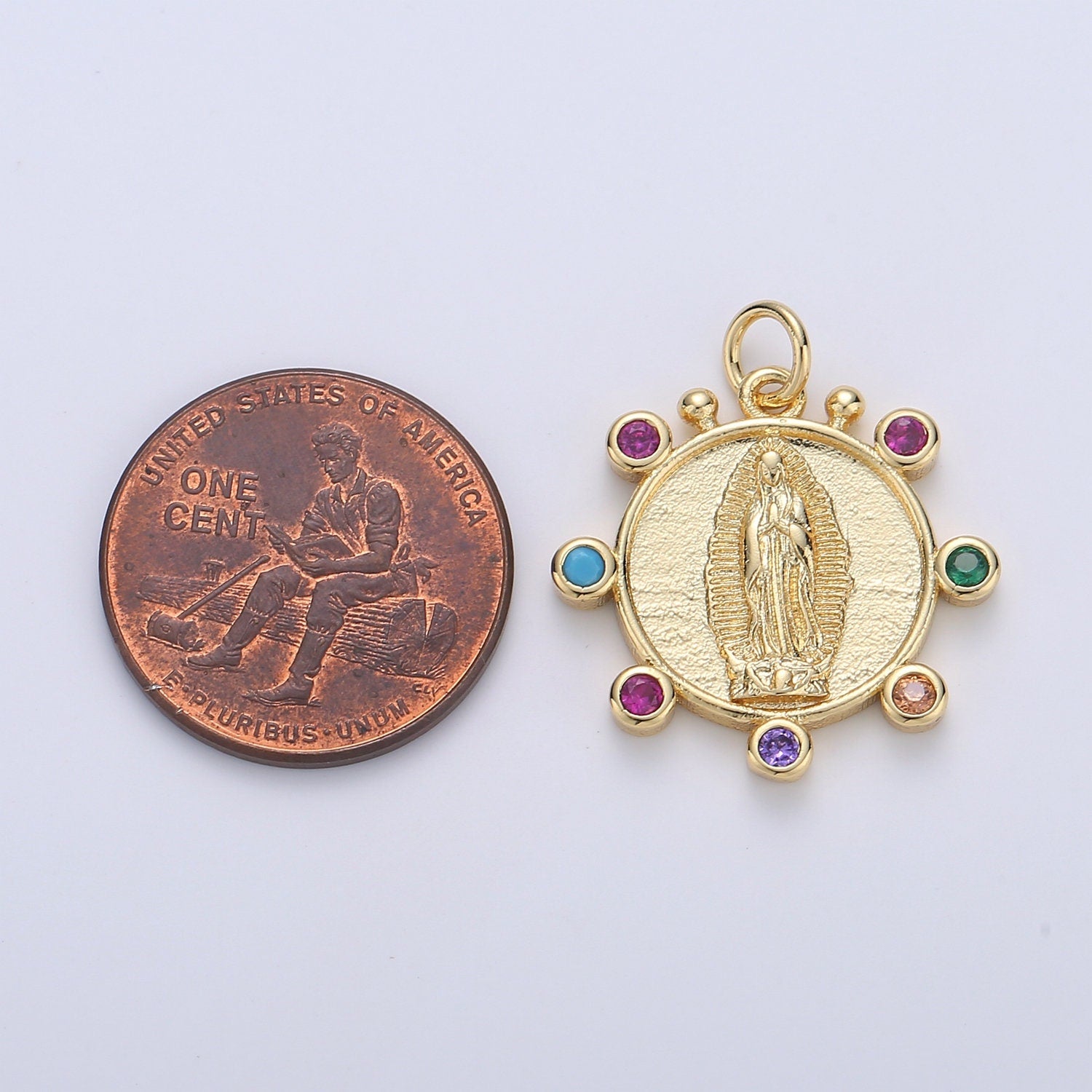 Rainbow 24K Gold CZ Virgin Mary Pendant, Lady Guadalupe Round Disc Charm Mary Medallion, Rosary Charm Religious Jewelry