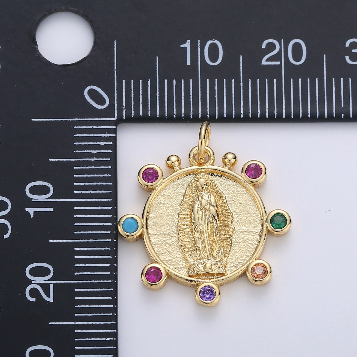 Rainbow 24K Gold CZ Virgin Mary Pendant, Lady Guadalupe Round Disc Charm Mary Medallion, Rosary Charm Religious Jewelry