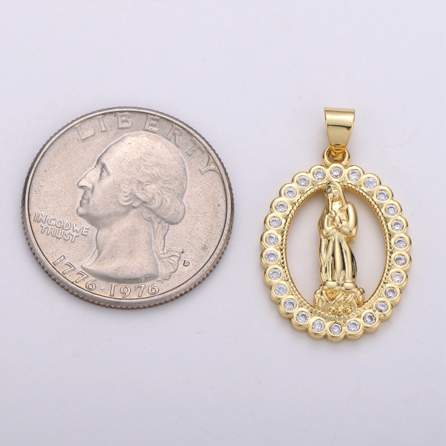 Gold Medallion Charm 14k Gold CZ Virgin Mary Pendant, Lady Guadalupe Cubic Zirconia Charm, Mother of Jesus Religious Jewelry, 1637