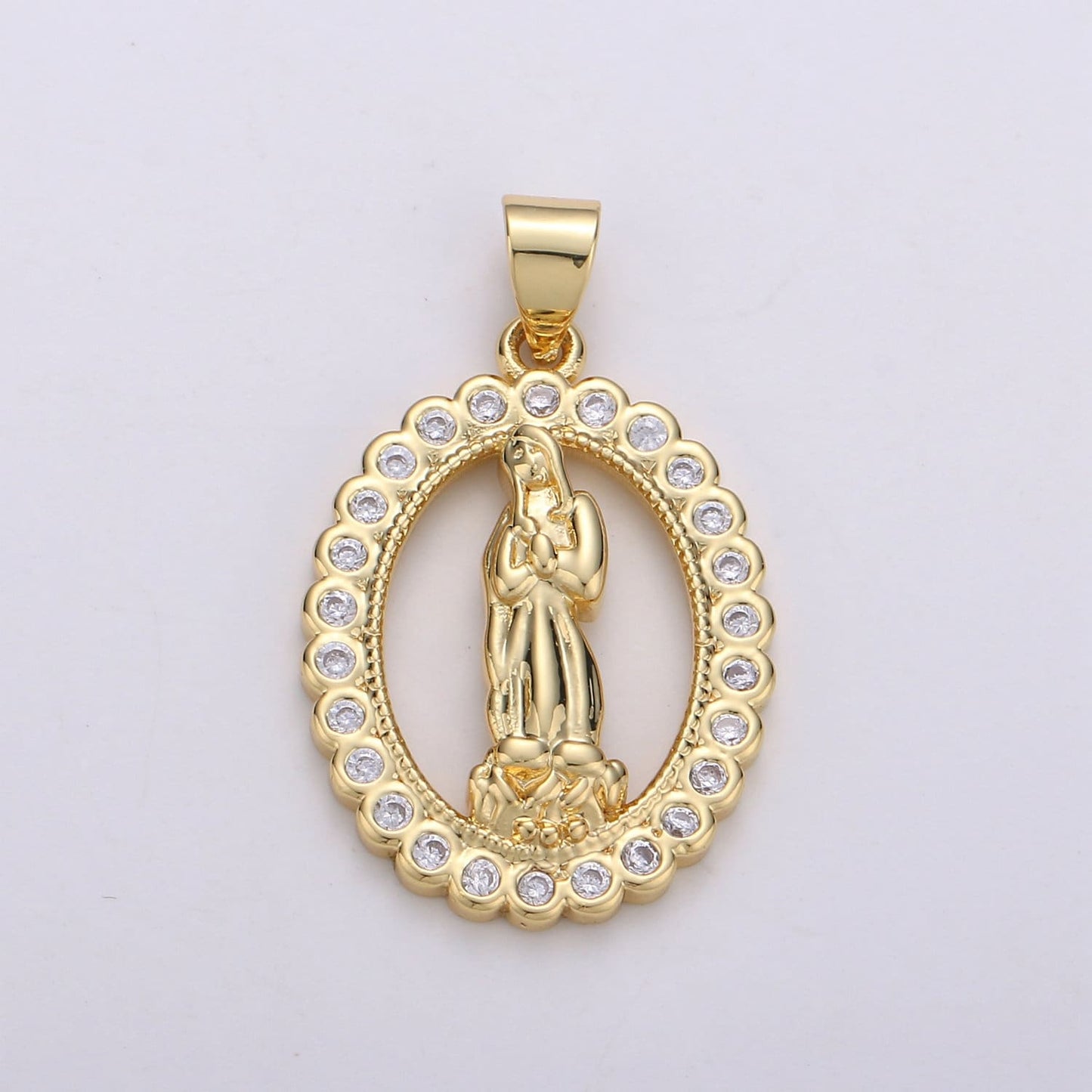 Gold Medallion Charm 14k Gold CZ Virgin Mary Pendant, Lady Guadalupe Cubic Zirconia Charm, Mother of Jesus Religious Jewelry, 1637