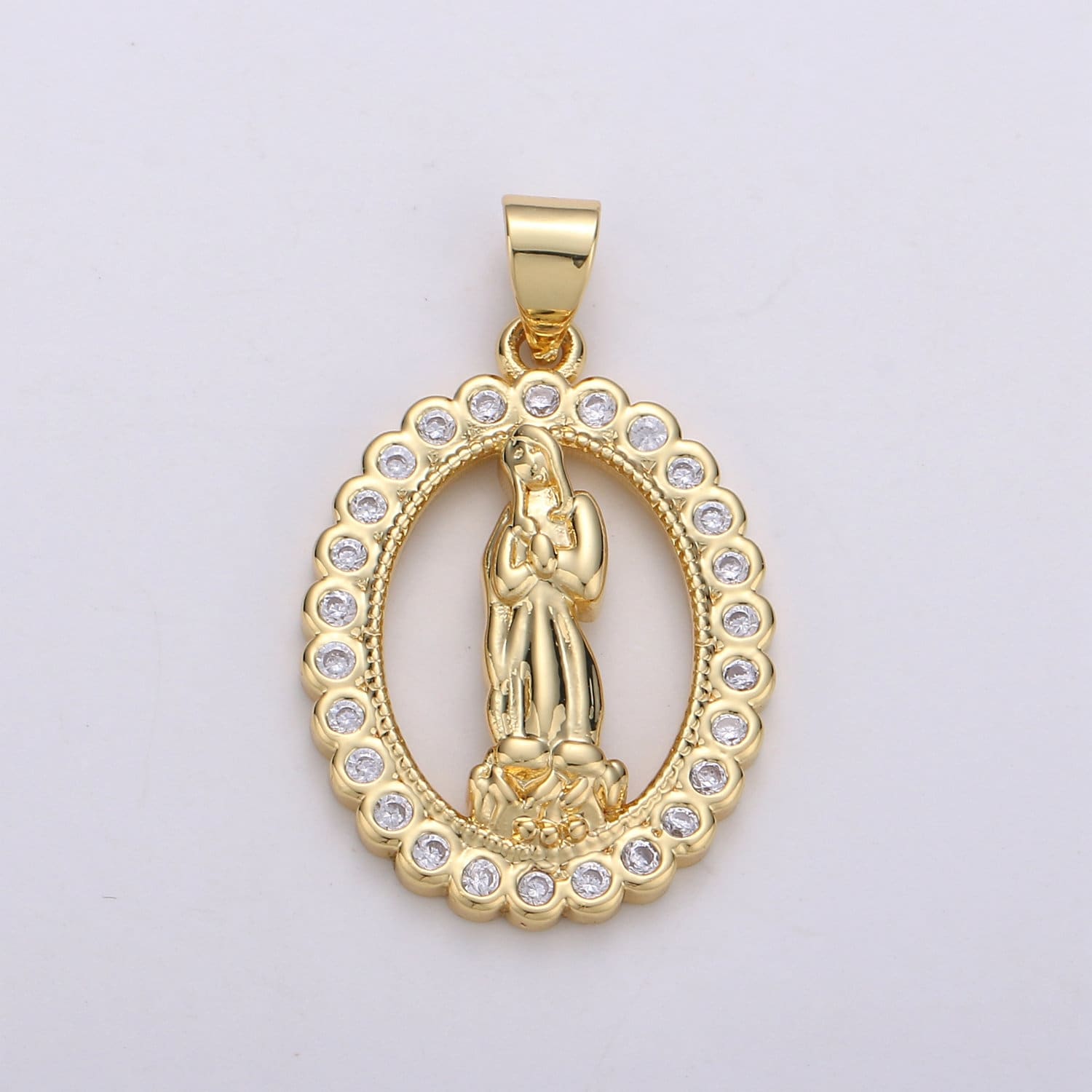 Gold Medallion Charm 14k Gold CZ Virgin Mary Pendant, Lady Guadalupe Cubic Zirconia Charm, Mother of Jesus Religious Jewelry, 1637