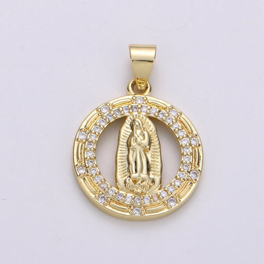 Round Gold Hollow Virgin Mother Mary Pendant Catholic Baptism Micro Pave Lady Guadalupe Charm Medallion Religious Jewelry Craft