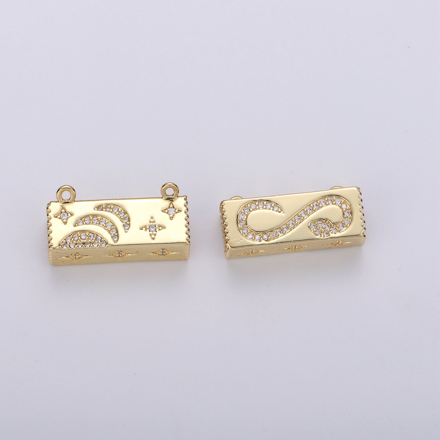 1x Gold Cresent Moon On Cuboid Shape Charms, Gold Star Pendant, Cube Necklace Charms with Double Bail / Dangle Charm