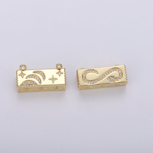 1x Gold Cresent Moon On Cuboid Shape Charms, Gold Star Pendant, Cube Necklace Charms with Double Bail / Dangle Charm