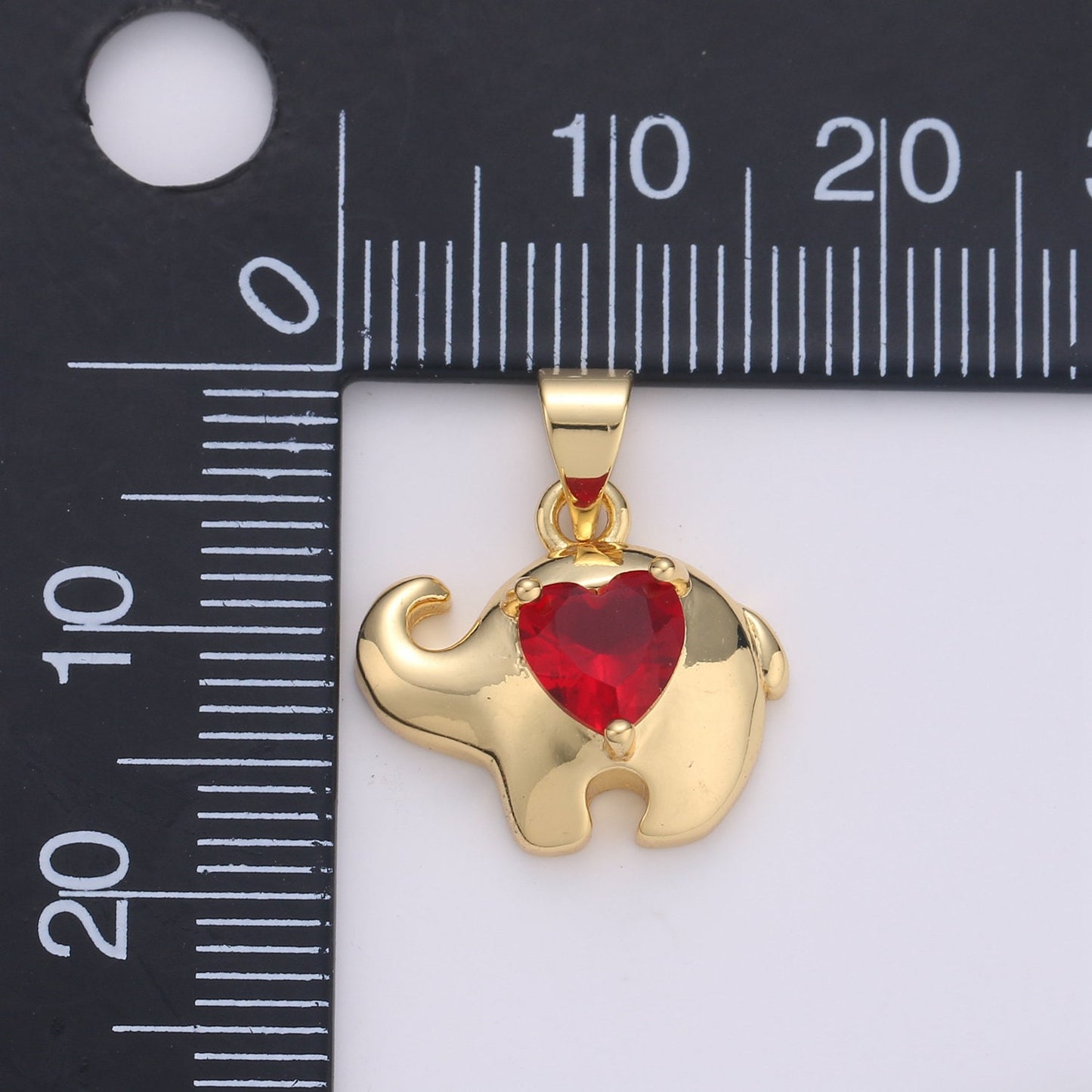 14k Gold Elephant lined Ruby Heart Pendant Charm , Elephant with red bead Pendant Charm, Pendant, For DIY Jewelry