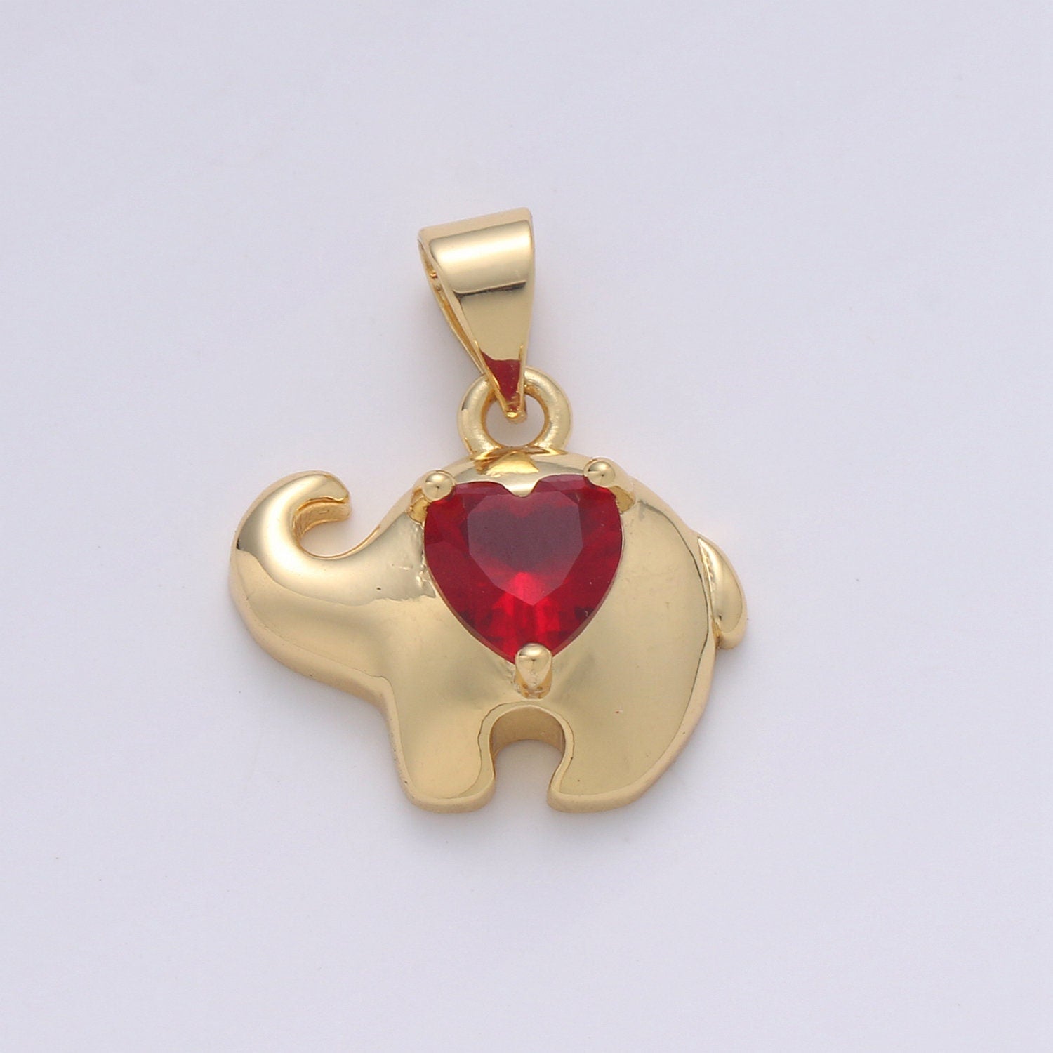 14k Gold Elephant lined Ruby Heart Pendant Charm , Elephant with red bead Pendant Charm, Pendant, For DIY Jewelry